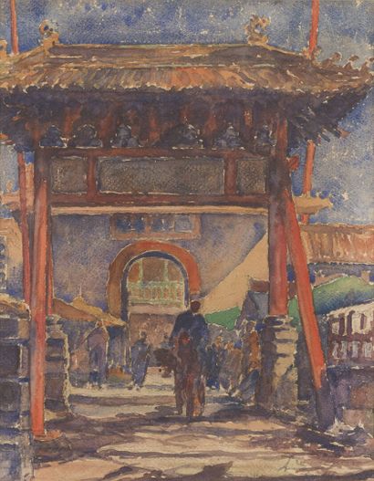 null SCHOOL OF THE PAINTERS TRAVELERS.
Entrance to a city in North Vietnam. 
Watercolor...