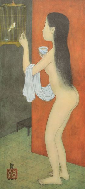 MAI THU (1906-1980).
Nude with a cage. 
Reproduction...