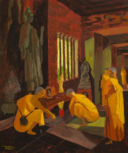 null ROGER BAUDRY (1908-1981).
Bonzes in prayer.
Oil on panel signed lower left and...