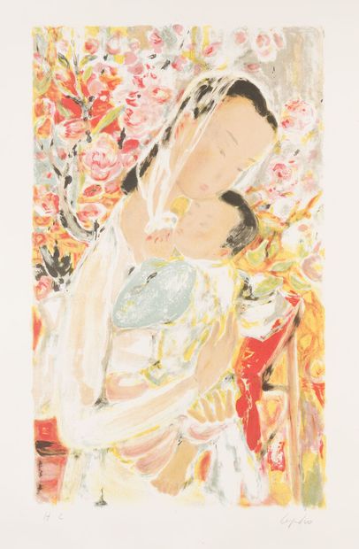  Lê PHO (1907-2001). 
Maternité. 
Lithographie en couleur sur papier marquée H.C,... Gazette Drouot