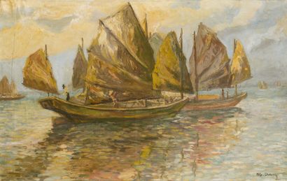 null NGUYEN DUONG (20th century). 
The junks in the Bay of Along. 
Oil on canvas...