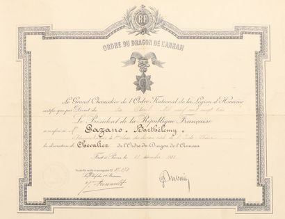 null 1904-1923
Ensemble de 5 brevets de décorations décernées à M. Barthélémy Gazano,...