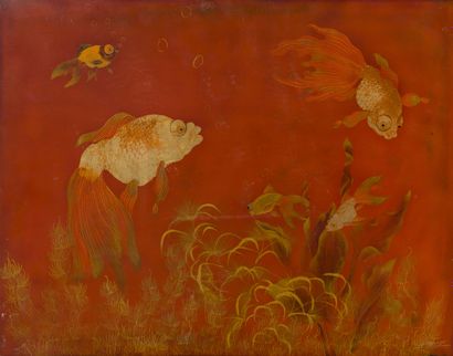 null Nguyen DUY (XXth century). 
The silver fishes. 
Lacquered wood panel on a red...