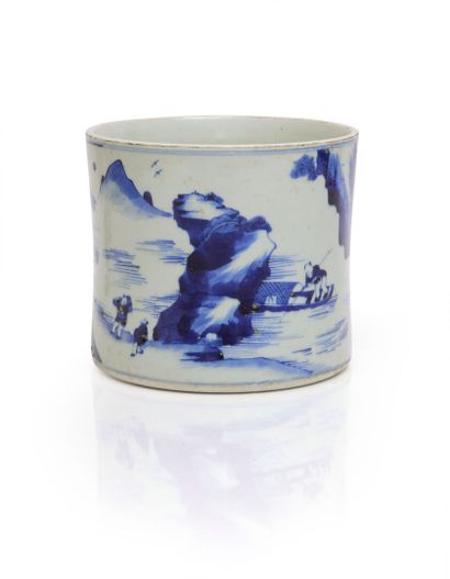 null Bitong ou pot à pinceaux en porcelaine bleu blanc à décor de paysages lacustres....