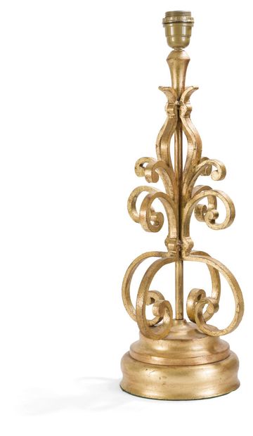 Metal lamp base with gold patina, decorated...