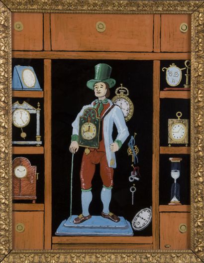 null Anne de Reilhac (1947).
The automaton clock.
Painting mounted under glass, monogrammed...