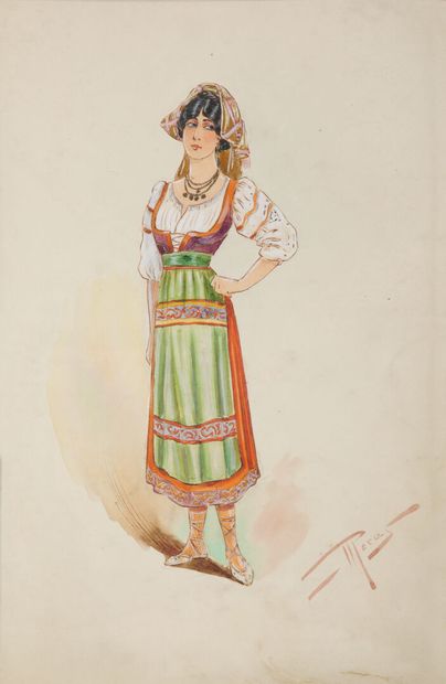 null Maurice PERAS (XXe siècle).
Ensemble de 10 études de costumes régionaux. 
Crayon...