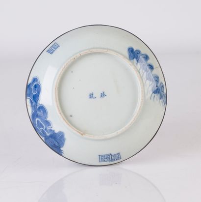 null Rare blue-white "Hué blue" porcelain dish decorated with a dragon sucking up...