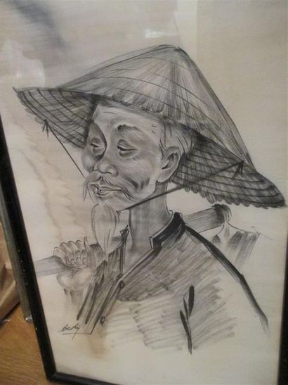 null BE KY (1938). Portrait de paysan en buste. Encre sur soie encadrée et signé...