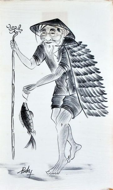 null BE KY (1938). Trois encres sur soie. Portrait de pêcheur. Petite fille et sa...