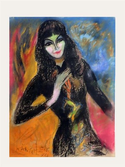 null NANG HIEN (1921-2014). La chanteuse. Pastel signé et daté 84 en bas à gauche....