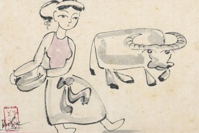 null JEUNE FILLE AU BUFFLE. 

Encre sur papier encadrée, signée en bas à gauche et...