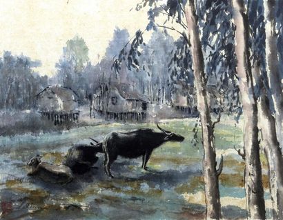 null LE THUA (XXe). 

PAYSAGE DU NORD. 

Paire d'aquarelles sur papier encadrées,...