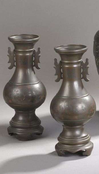 null PAIRE DE VASES DE FORME BALUSTRE SUR PIEDOUCHE EN BRONZE A DECOR NIELLE D'ARGENT...