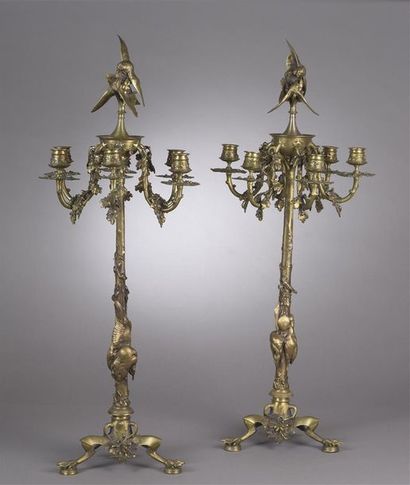 null Auguste-Nicolas CAIN (1821-1894). Paire de candélabres à six bras de lumières...