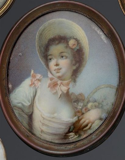 null École française du XIXème siècle. Jeune femme au panier fleuri, miniature sur...