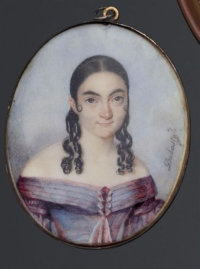 null DUBASTY, circa 1830, jeune femme aux bouclettes, miniature sur ivoire en ovale....