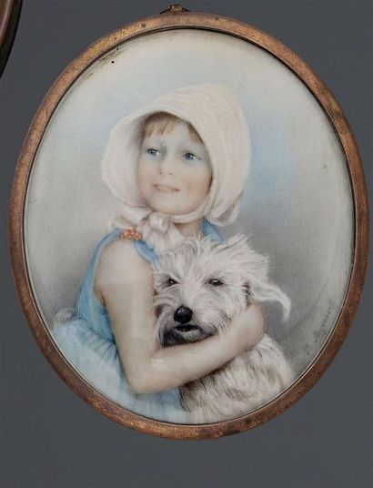 null TH. SHEYENDORFF (XXème siècle). Jeune fille au chien, miniature sur ivoire ovale....