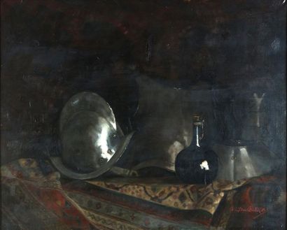 null Germain DAVID-NILLET (1861-1932). Nature morte au casque. Huile sur toile encadrée...