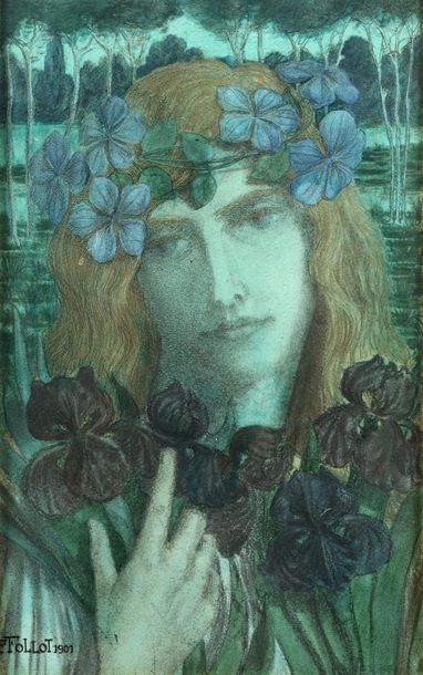 null Paul FOLLOT. Femme aux iris. Pastel et aquarelle signé et daté 1901 en bas à...