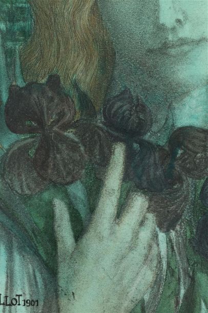 null Paul FOLLOT. Femme aux iris. Pastel et aquarelle signé et daté 1901 en bas à...