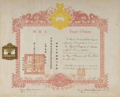 null 1941. Règne de S.M l'Empereur Bao Daï (1926-1945). Brevet de remise de plaque...