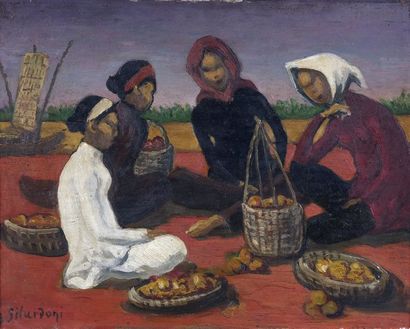 null Joseph GILARDONI (1882-1961). Les marchandes de fruits. Huile sur panneau encadrée...