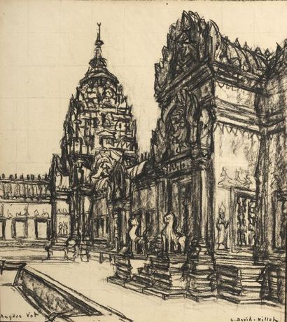 null Germain David Nillet (1861-1932). Angkor Vat. Fusain sur papier encadré situé...