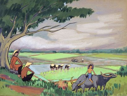 null Henri CHABAUD (1903-1988). Scène de rizières. Gouache et aquarelle sur carton...