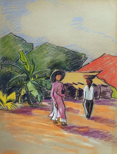 null Henri CHABAUD (1903-1988). Jeune femme en Ao Daï. Pastel sur carton. Cachet...