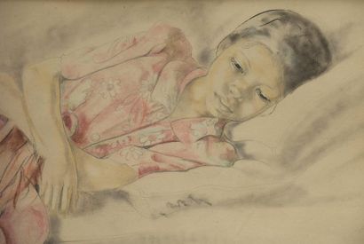 null Alix AYME (1894-1989). Portrait de jeune femme Annamite. Aquarelle encadrée...