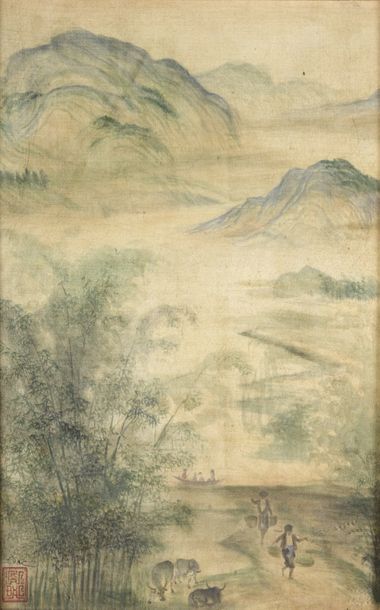 null TRAN DAC (1922-XXe). Paysages du Haut-Tonkin. Deux peintures sur soie encadrées...