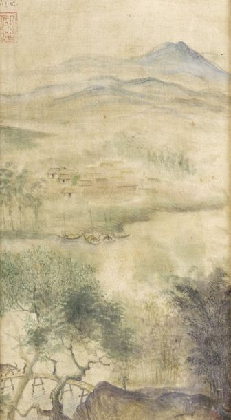 null TRAN DAC (1922-XXe). Paysages du Haut-Tonkin. Deux peintures sur soie encadrées...