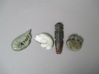 null 4 sujets en néphrite verte représentant une crevette, un cygne, un poisson et...