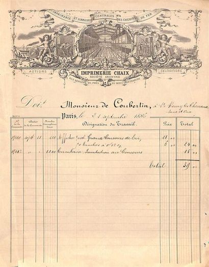 null Facture de l'Imprimerie Chaix datée du 21 septembre 1886 à l'attention de Pierre...