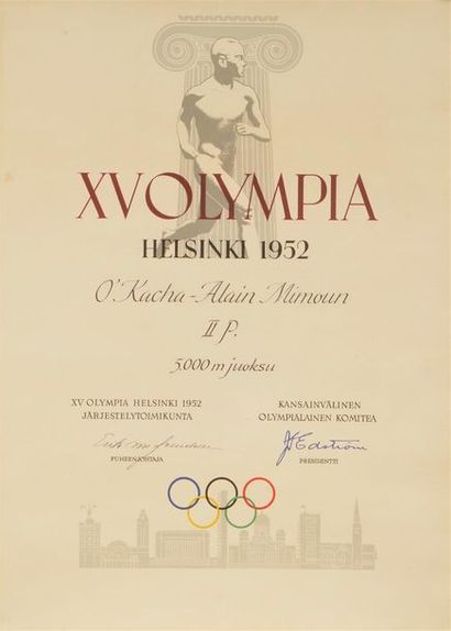 null Diplôme officiel des Jeux Olympiques d'Helsinki 1952 attribué à Alain Mimoun...