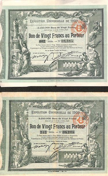 null Deux bons de vingt francs pour l'Exposition Universelle de 1900. Ce bon donnait...