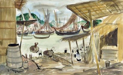 null Stéphane MAGNARD (1947-2001). Village de pêcheurs. Vietnam. Aquarelle sur papier...