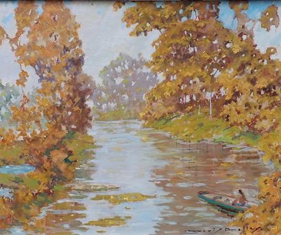 null Louis ROLLET (1895-1988). Paysage de rivière automnale. Huile sur panneau encadrée,...