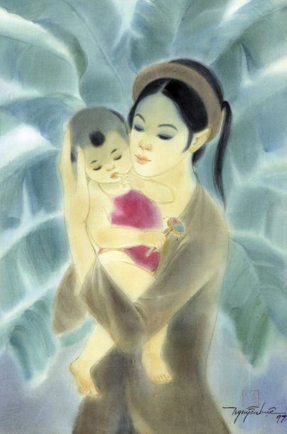 null Nguyen Hué (XXe)

Mère et enfant devant un bananier.

Peinture sur soie signée,...
