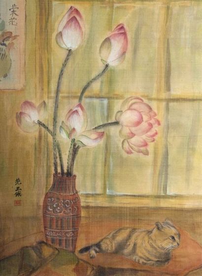 null Ecole des Beaux Arts de l'Indochine.

Bouquet de lotus au chat.

Peinture sur...
