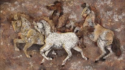 null Atelier de Lan Huong (XXe)

Les quatre chevaux

Laque polychrome, or et coquille...