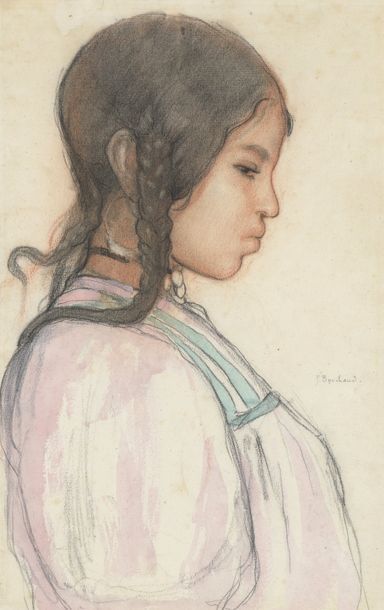 null Jean BOUCHAUD (1891-1977). Jeune fille de profil. Aquarelle, gouache et mine...