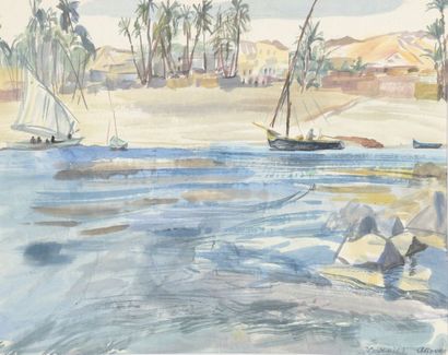 null Jeannine CUSENIER (1909-). Ecole des peintres voyageurs. Assouan. Aquarelle...