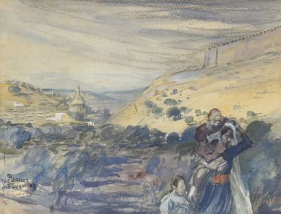  D.Charles FOUQUERAY (1869-1956). Jérusalem. Aquarelle et gouache sur papier encadrée,...