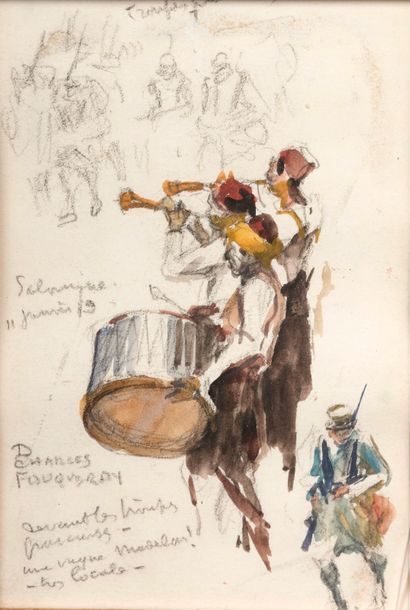null D. Charles FOUQUERAY (1869-1956). Musiciens à Salonique. Crayon et aquarelle...