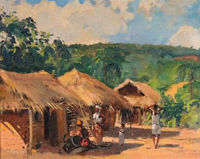 null Guilherme MARQUES (1887-1960). Village d'Afrique. Huile sur panneau encadrée,...