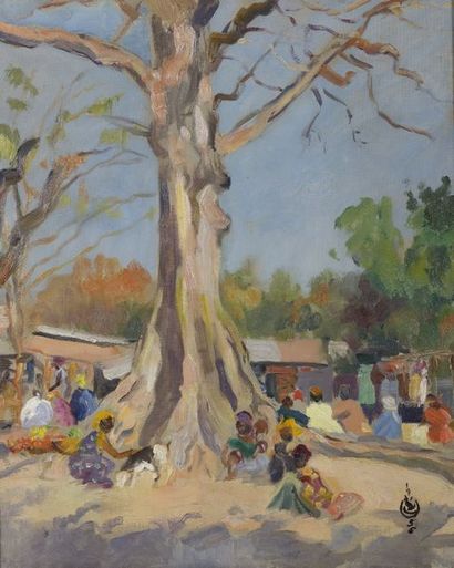 null Charles LECHAT (1896 Liège - 1974). Scène de marché au Sénégal. Huile sur toile...