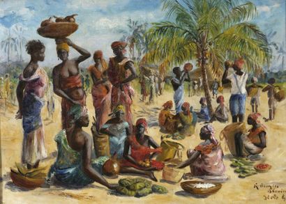 null Renée Bruyère BLONDIAU (1897-1967). Village de Kolo (Niger). Huile sur toile...