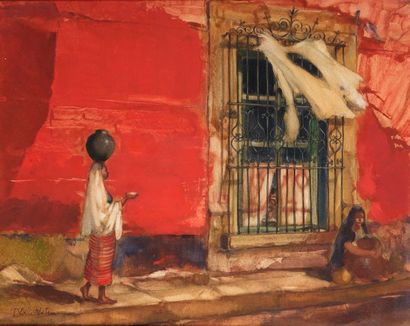null Jean VAN NOTEN (1903-1982). Oaxaca (Mexico) ou Le Mur Rouge. Aquarelle sur papier...